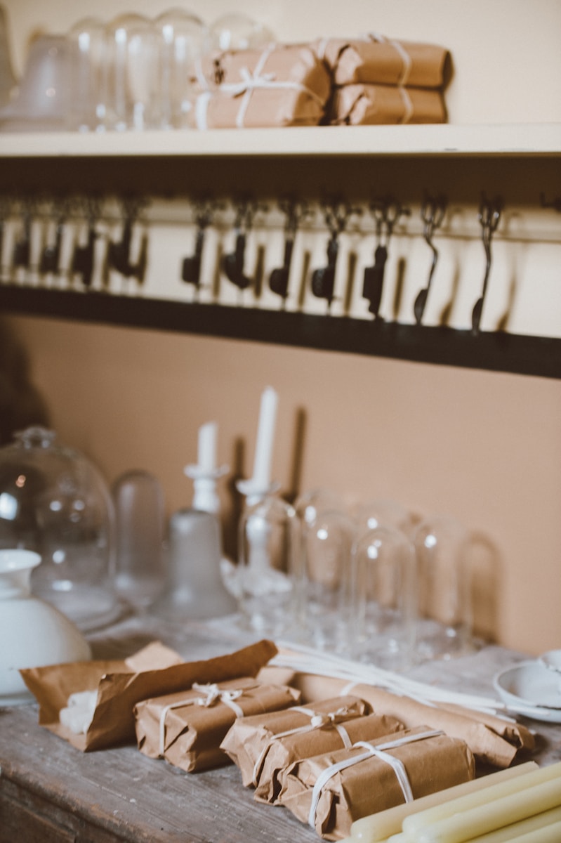 brown box near to glass cups